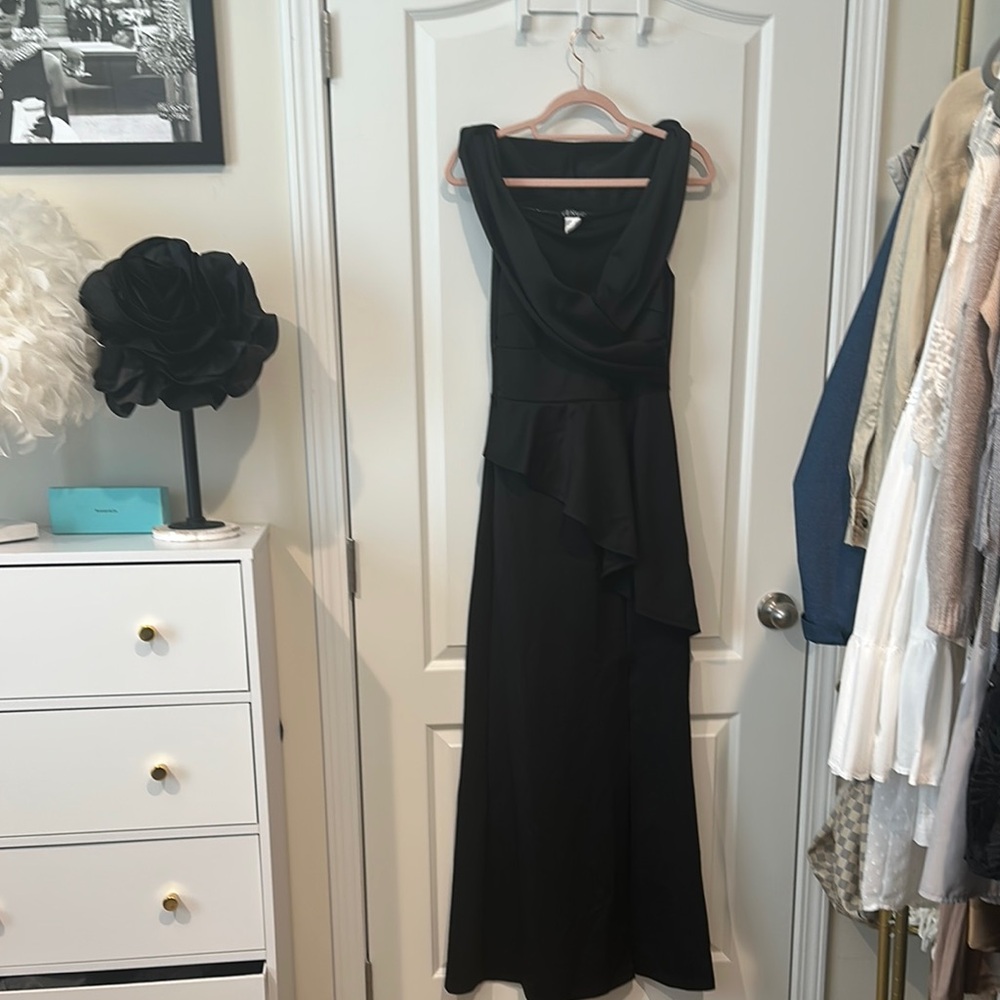VENUS Black Asymmetrical Cowl Neck Gown